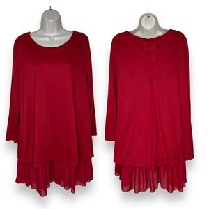 CL Shang Collection Red Rib Knit Chiffon Bow Back Ruffle Tiered Dress Women XL